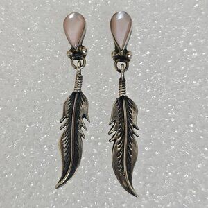 Vintage Sterling Silver Mother Of Pearl MOP Pink Feather Dangle Drop Earrings